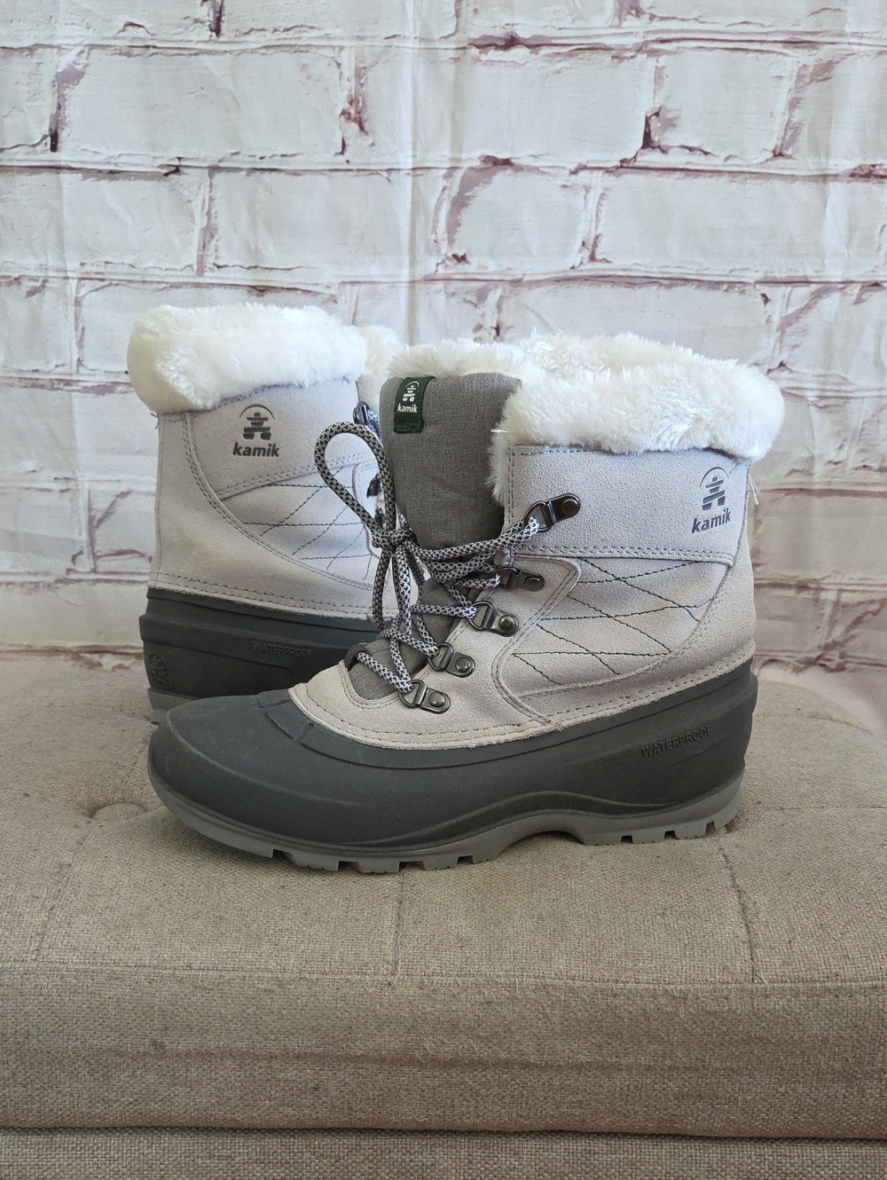 Kamik Women's Light Gray & Dark Gray Faux-Fur Waterproof Winter Boots
